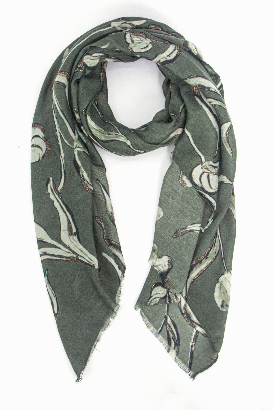 khaki scarf with a large floral pattern in light green with gold glitter accents throughout