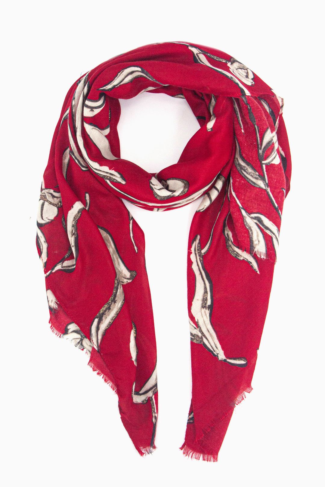 red scarf with a large floral pattern in cream with gold glitter accents throughout