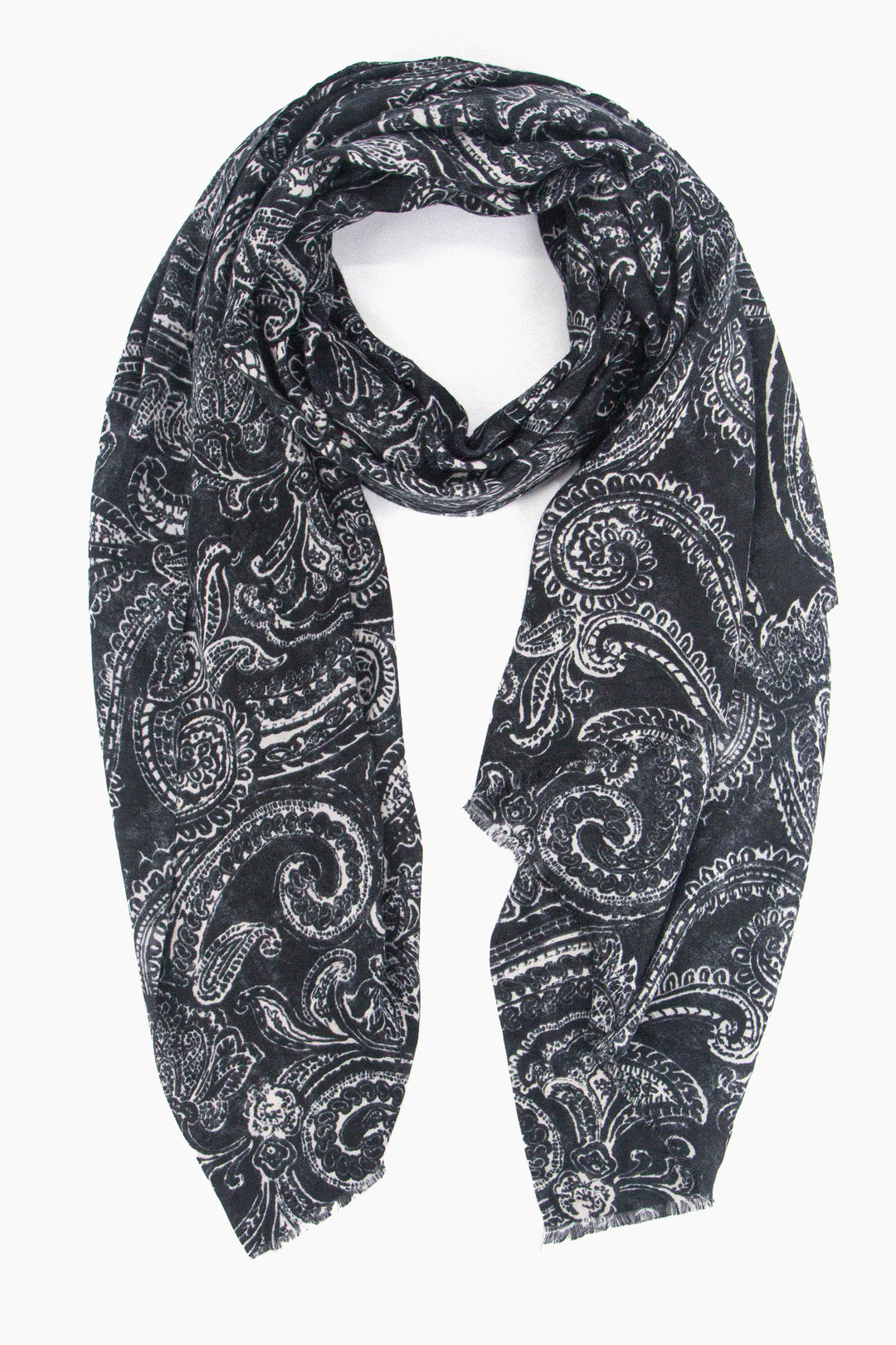 black scarf with a white floral paisley print pattern all over