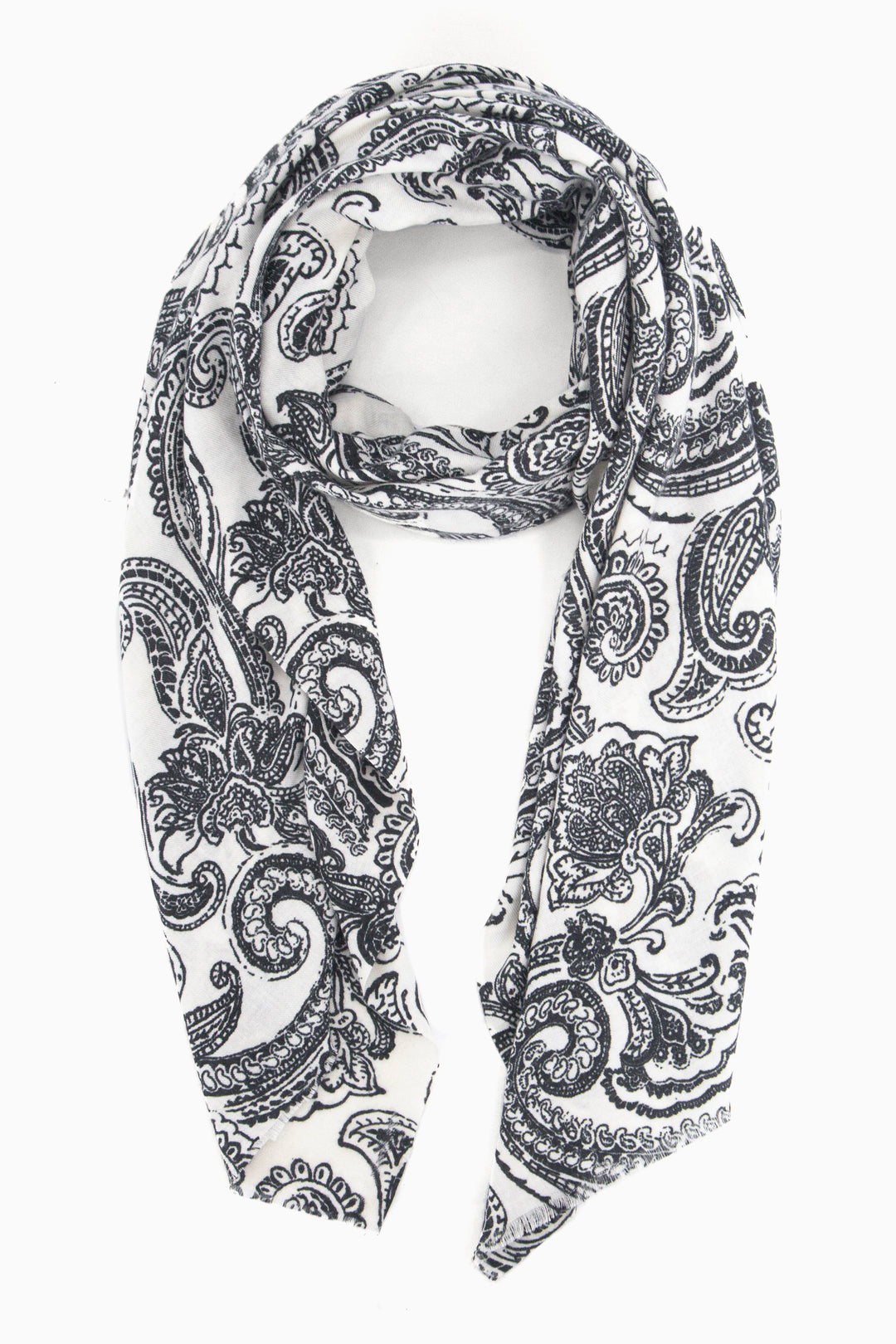 cream scarf with a black floral paisley print pattern all over