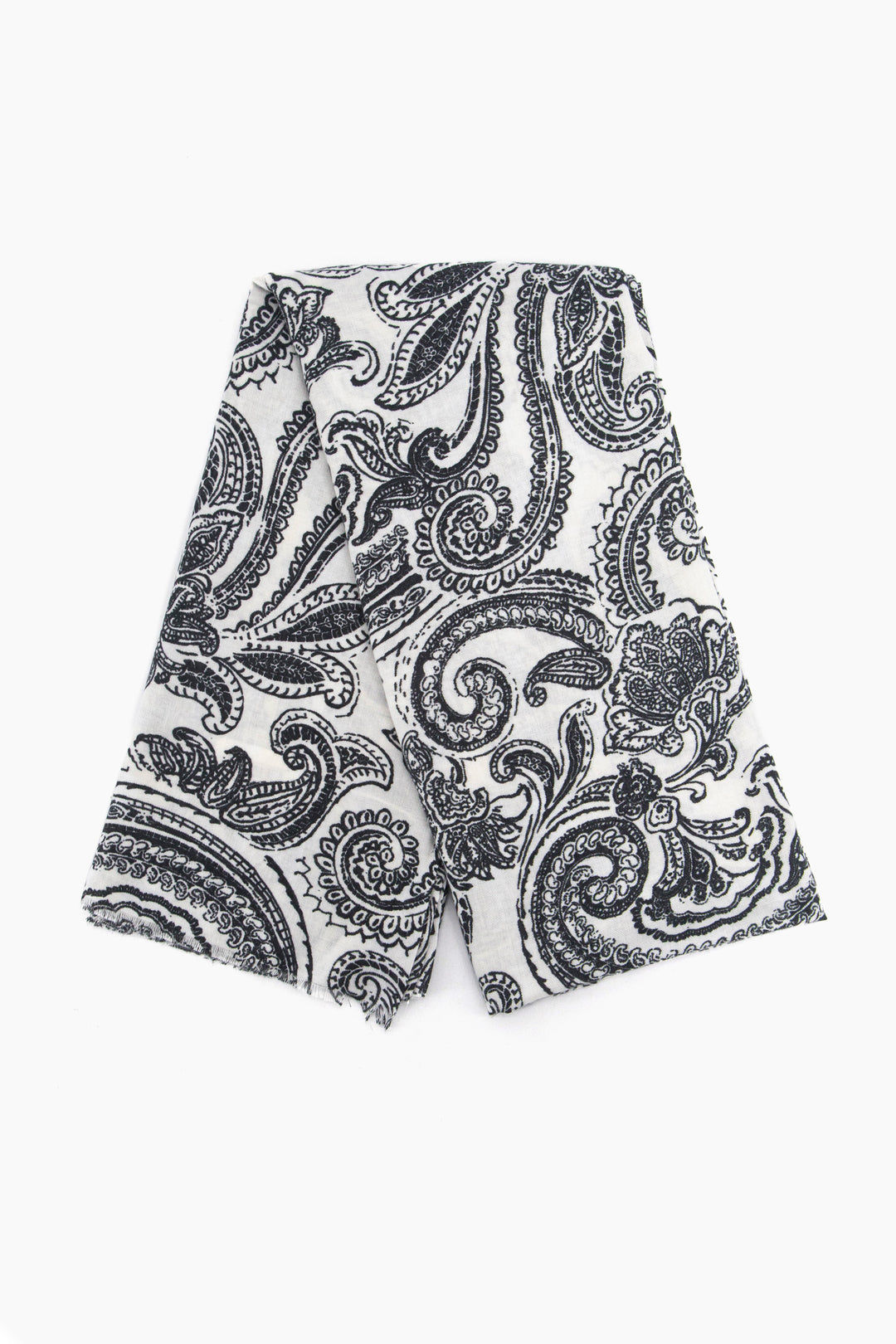 showing the scarf folded, the cream and black paisley floral print pattern is shown to cover the whole scarf