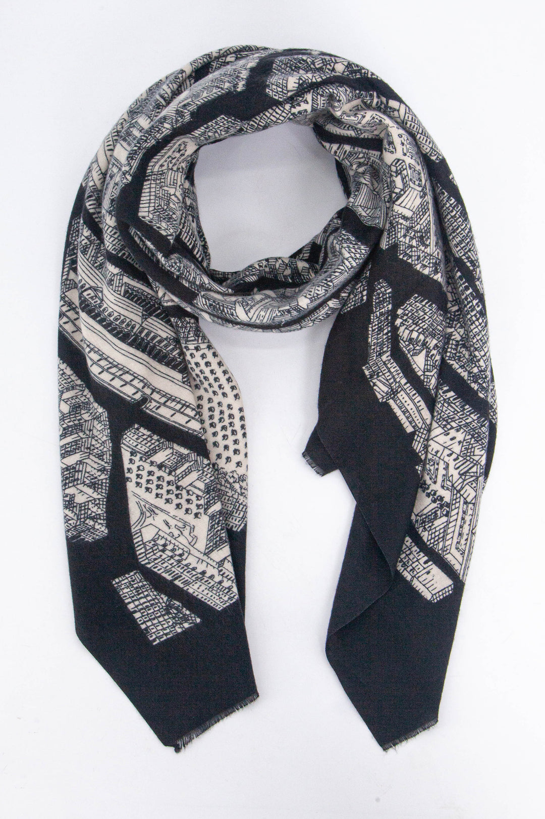 black scarf with a contrasting cream sketched architectural street map of paris