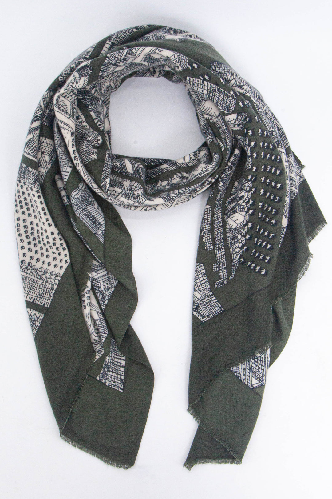 khaki green scarf with a contrasting cream sketched architectural street map of paris