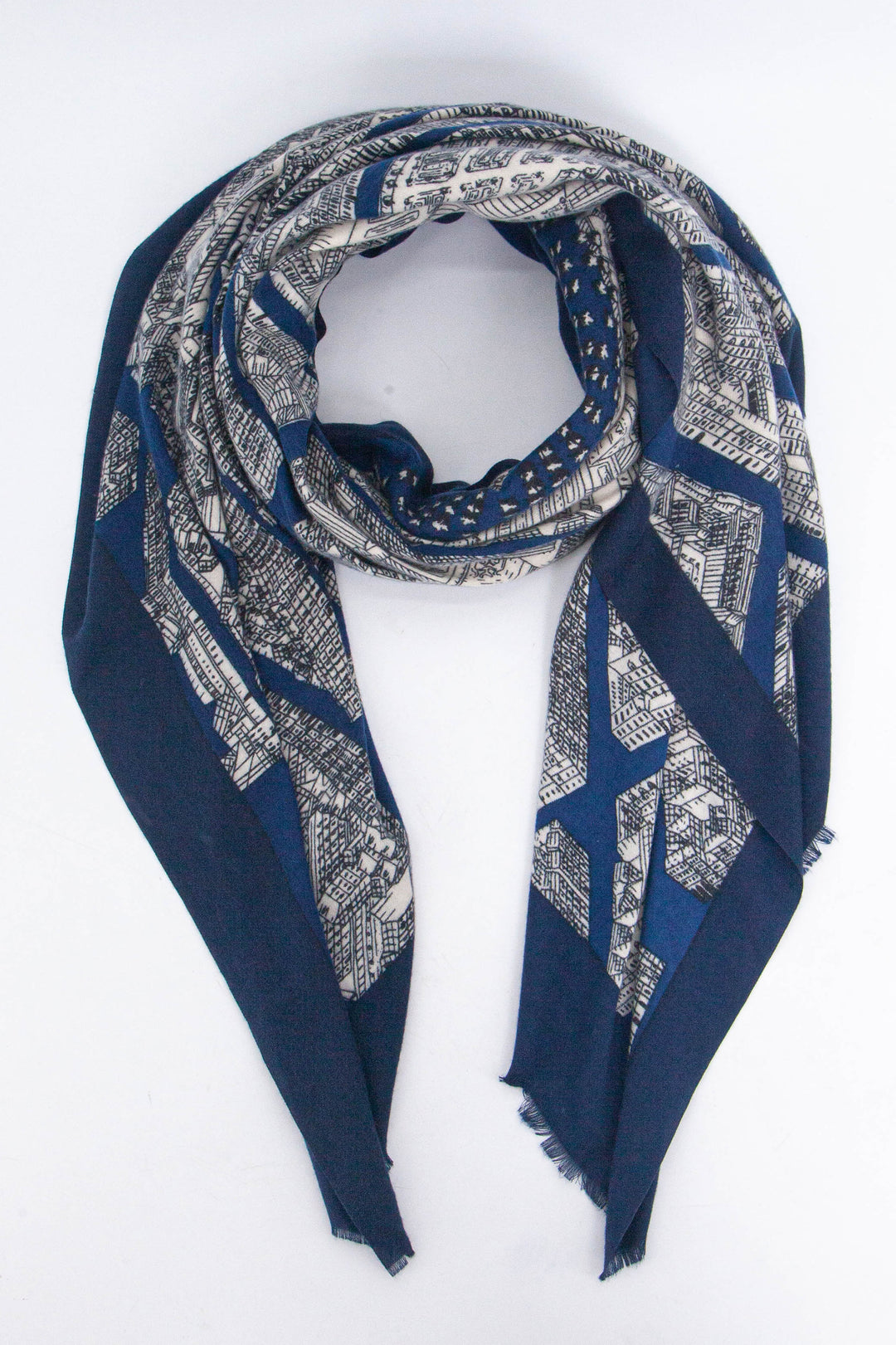  navy blue scarf with a contrasting cream sketched architectural street map of paris