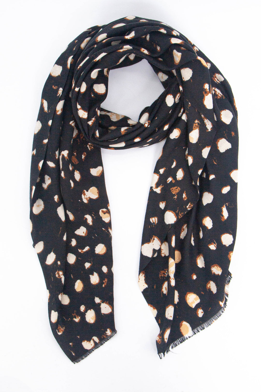 black scarf with an abstract tonal leopard print pattern in cream and brown.