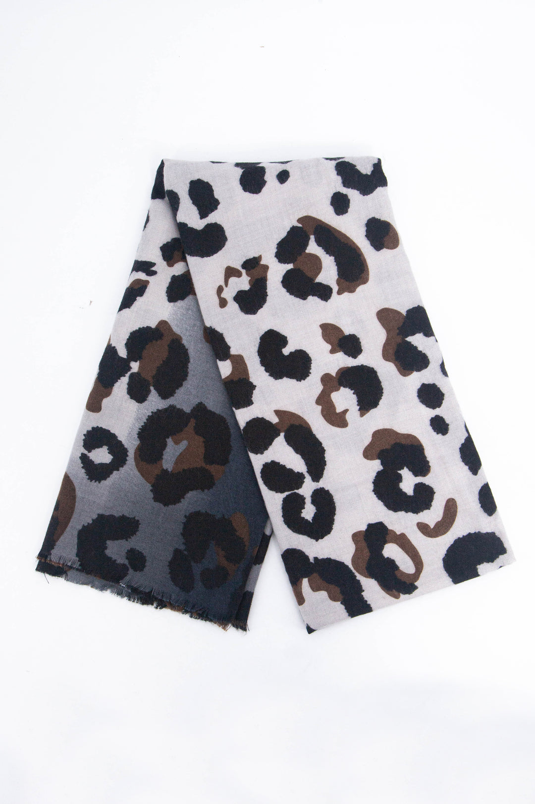 showing the scarf folded, the grey and brown leopard print pattern is shown to cover the whole of the scarf