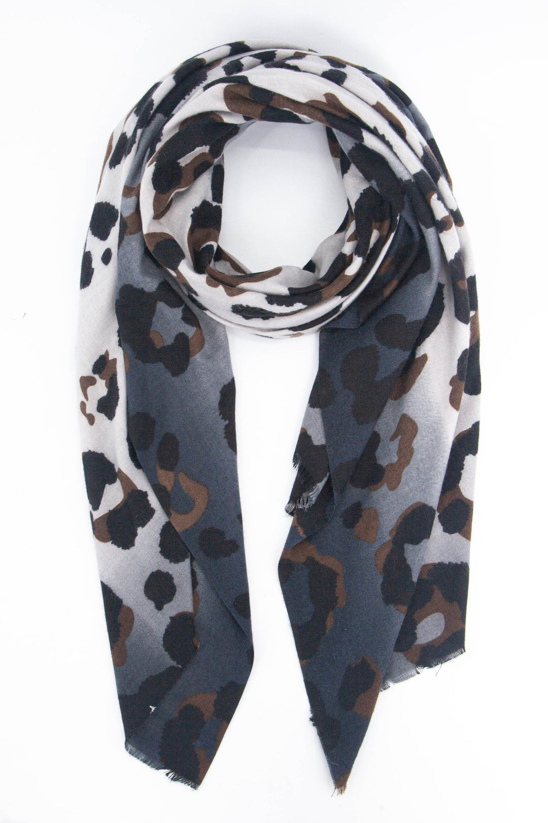 grey ombre scarf with a bold large brown leopard print pattern all over