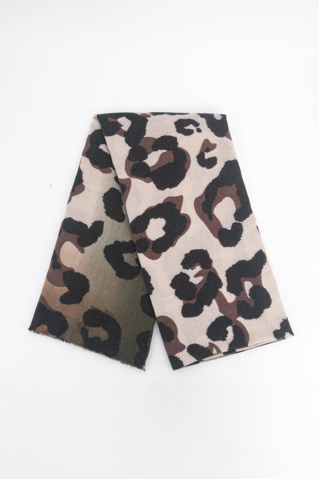 showing the scarf folded, the neutral and khaki green leopard print pattern is shown to cover the whole of the scarf