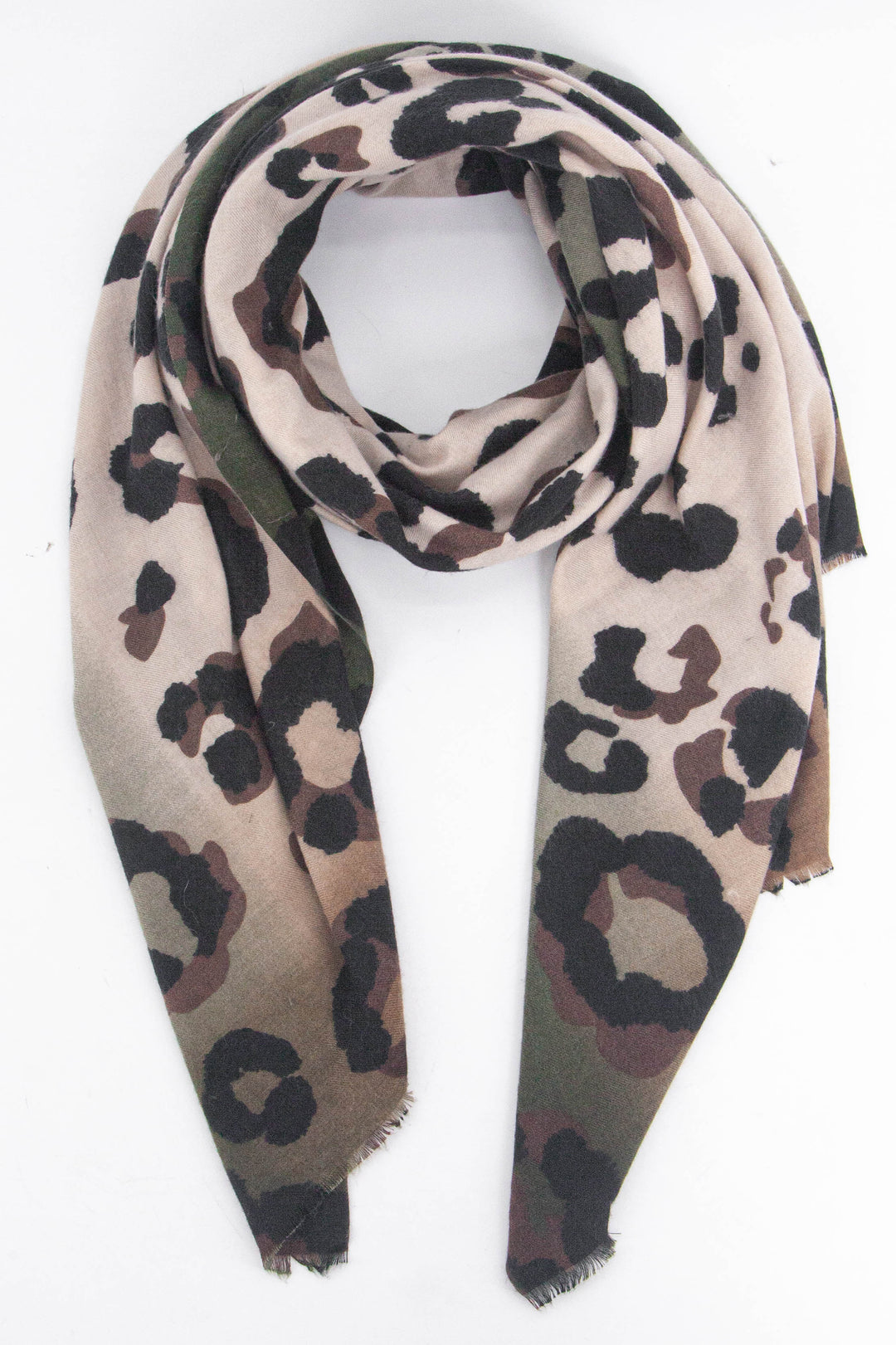 khaki, brown and neutral beige ombre scarf with a bold large black leopard print pattern all over