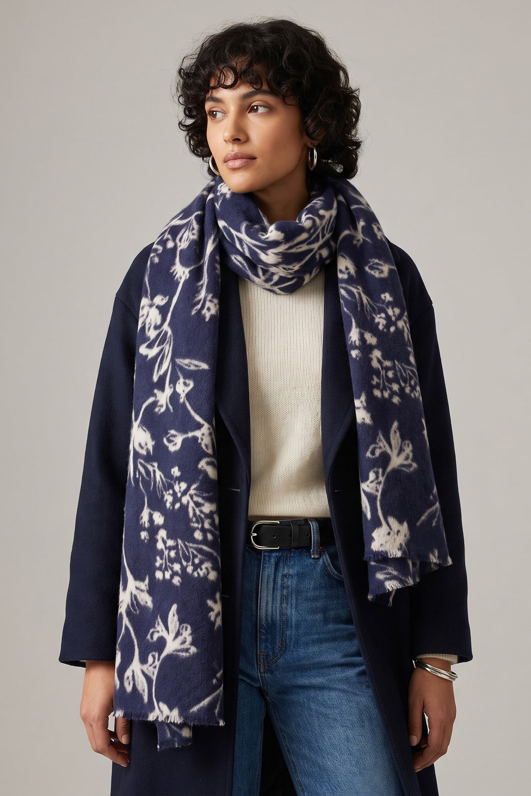 navy blue midweight winter scarf with a white vintage floral pattern all over