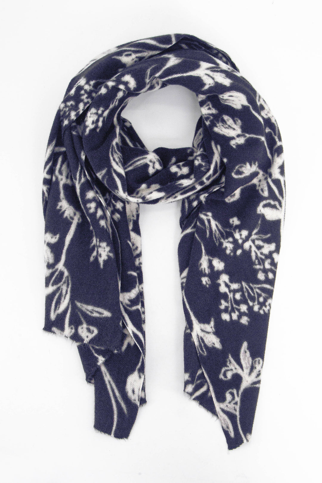 navy blue midweight winter scarf with a white vintage floral pattern all over