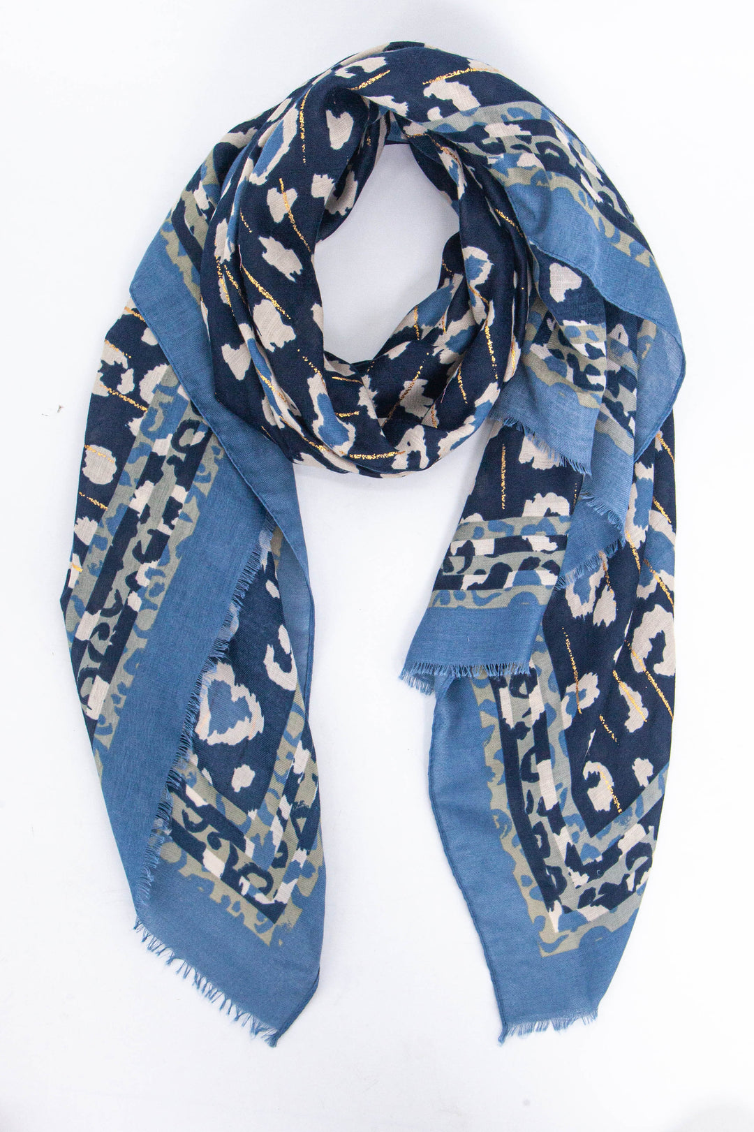 blue leopard print scarf with a plain border and subtle gold metallic stripe throughout 