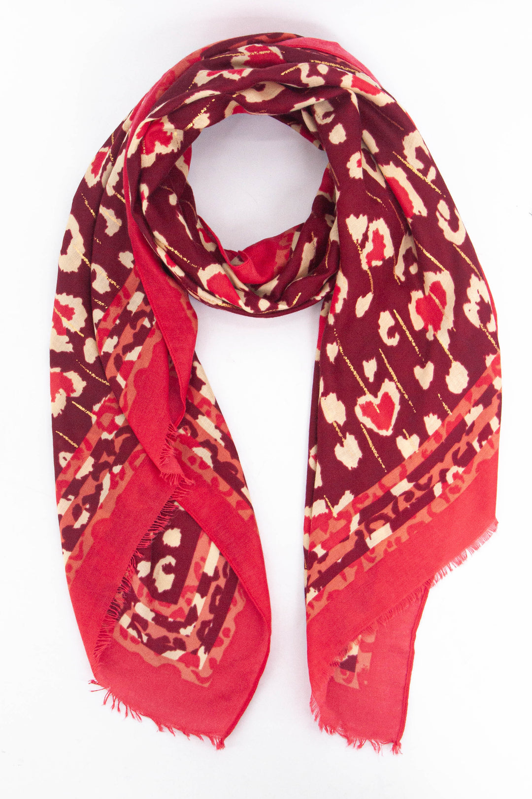 red leopard print scarf with a plain border and subtle gold metallic stripe throughout 