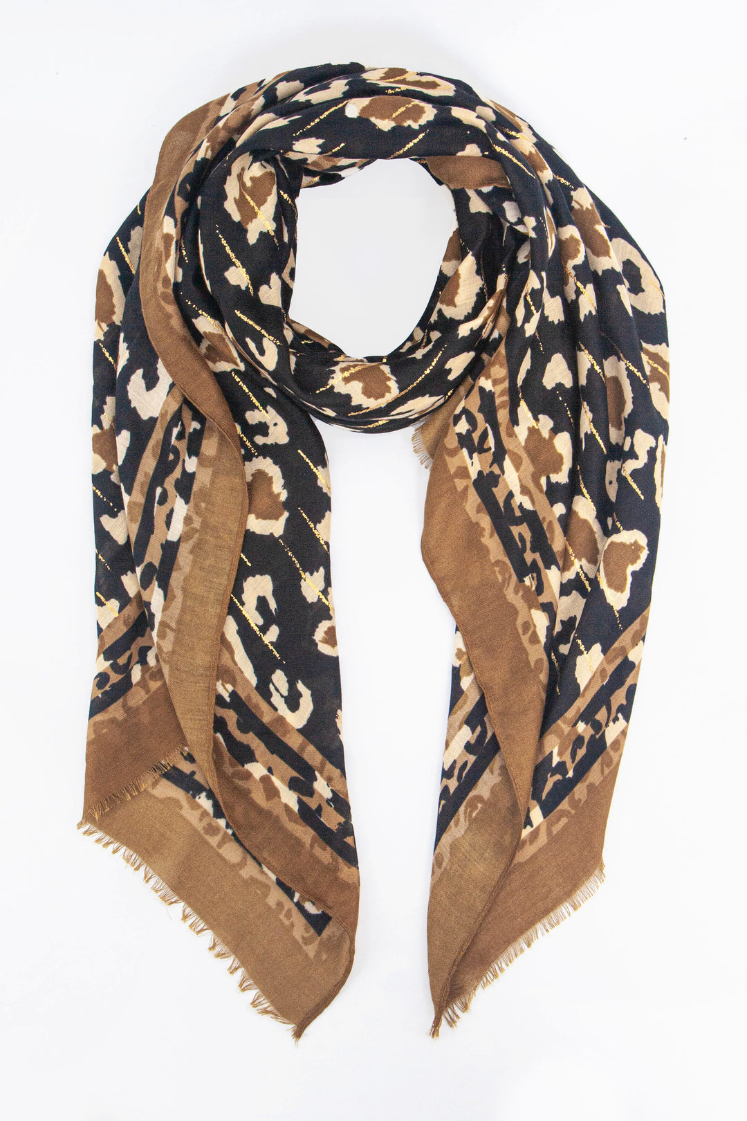 neutral and black leopard print scarf with a plain border and subtle gold metallic stripe throughout 