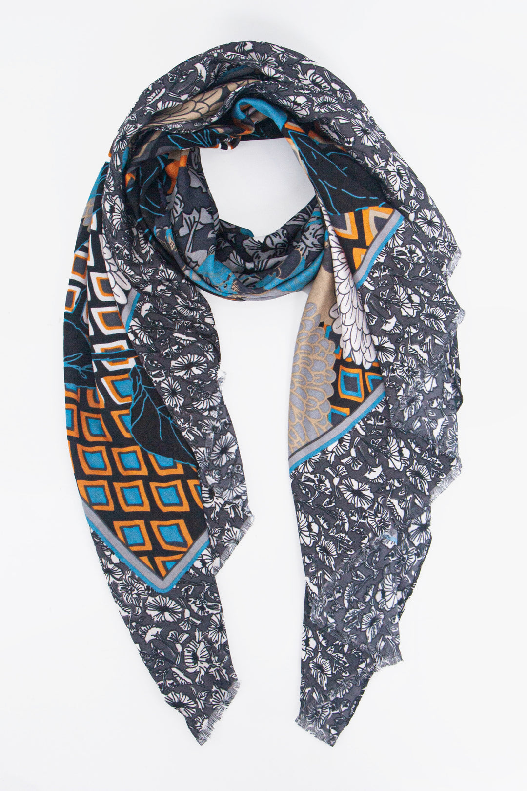 blue and yellow geometric print scarf with a contrasting wide floral print border, the border is a medium grey and has an ornate floral pattern.