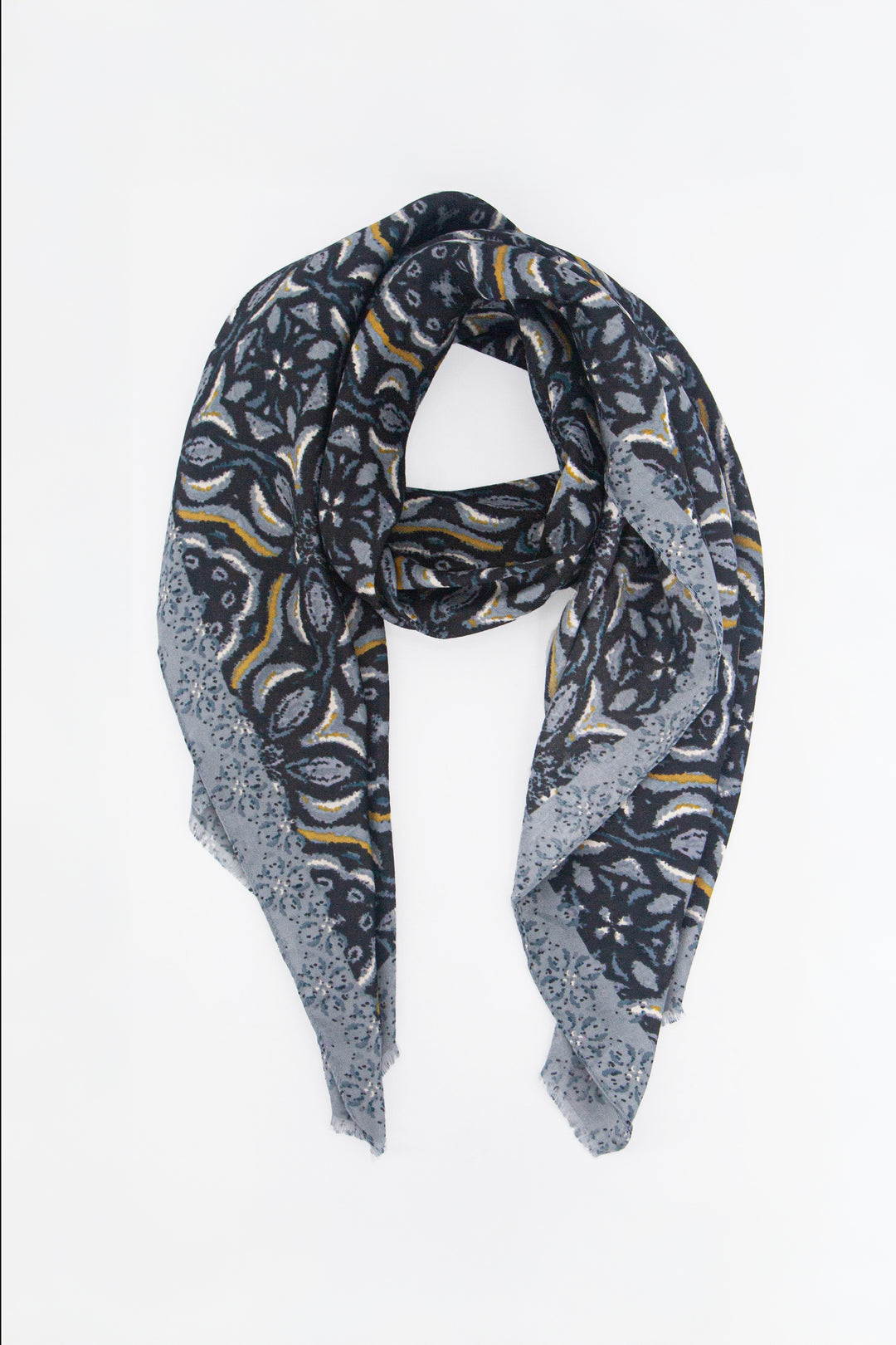 black and grey mosaic tile print scarf with a floral print pattern and bordered edge