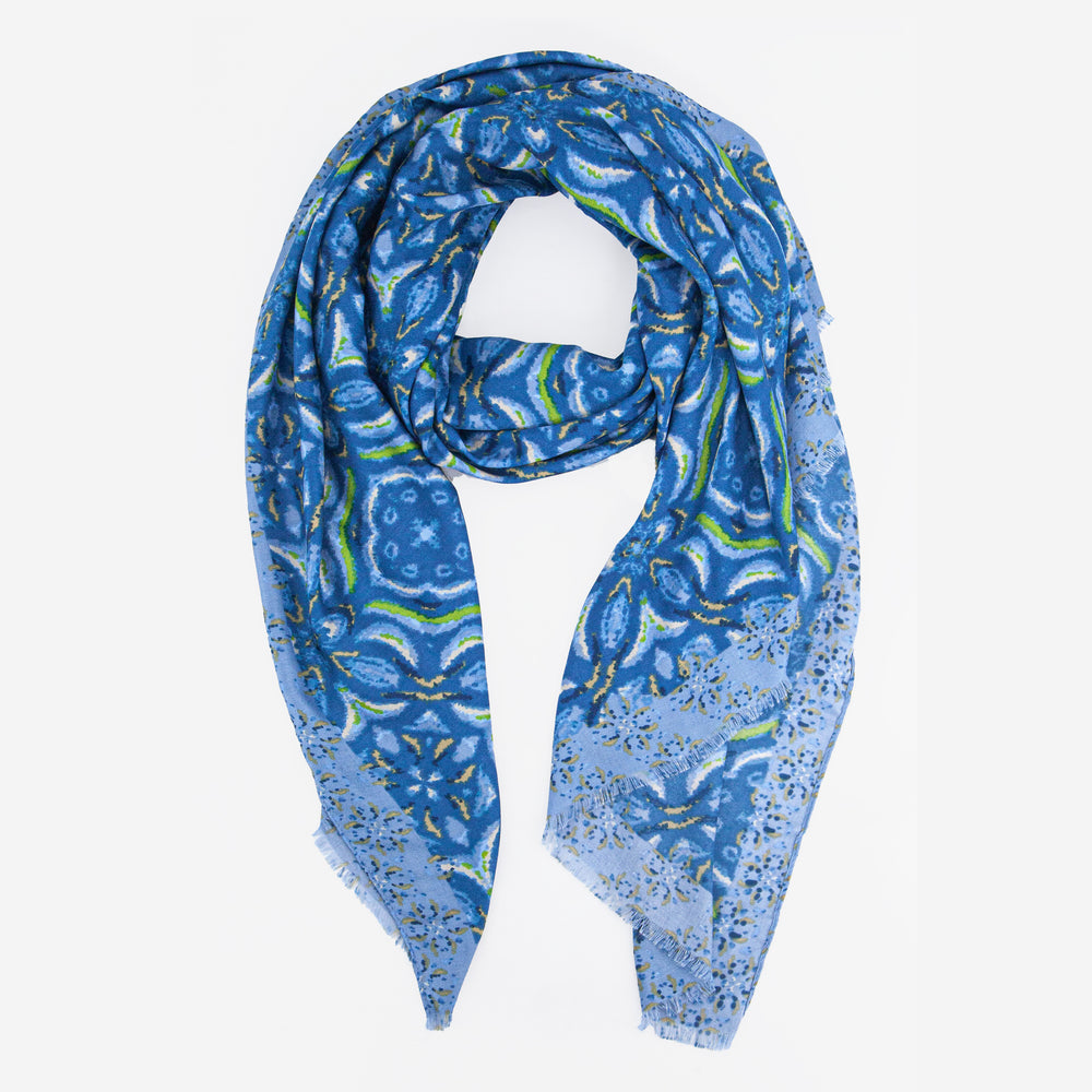 blue mosaic tile print scarf with a floral print pattern and bordered edge