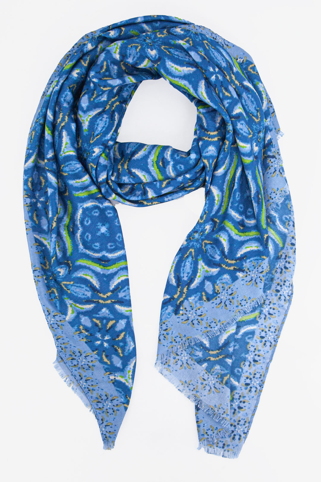 blue mosaic tile print scarf with a floral print pattern and bordered edge