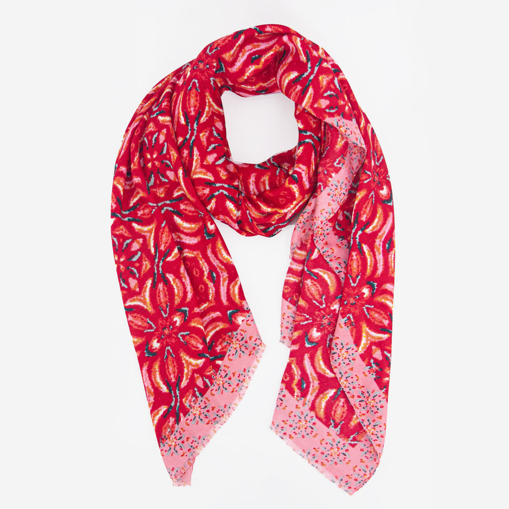 red and pink mosaic tile print scarf with a floral print pattern and bordered edge