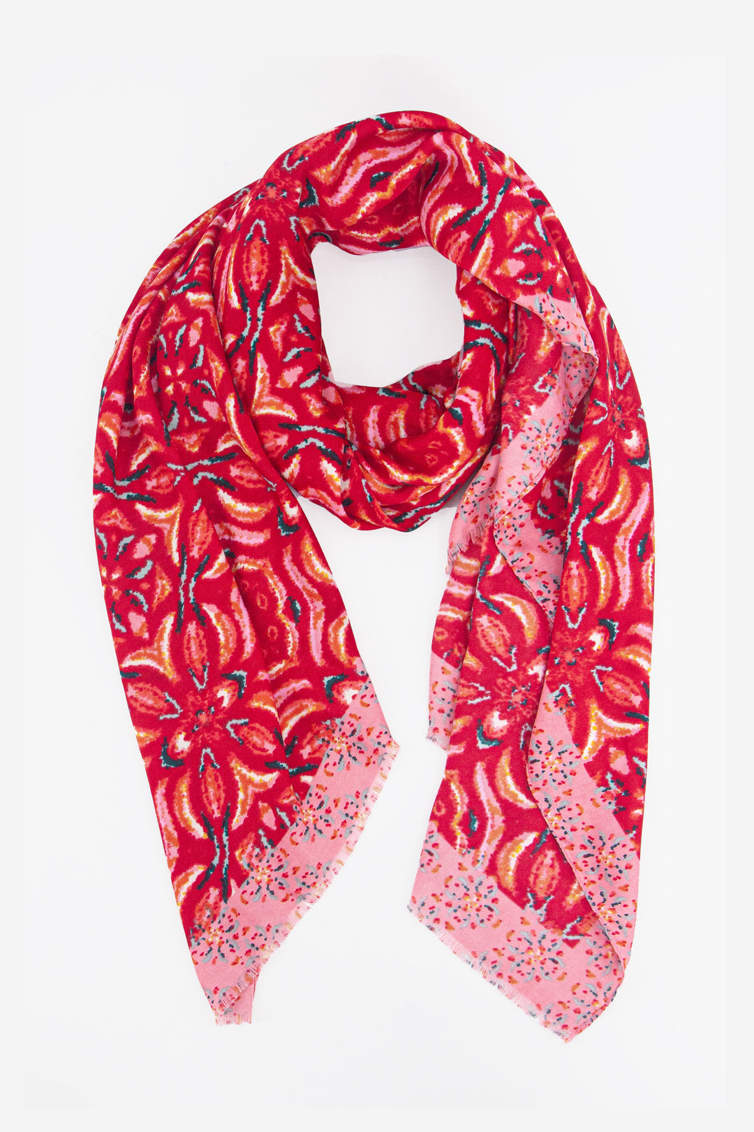 red and pink mosaic tile print scarf with a floral print pattern and bordered edge