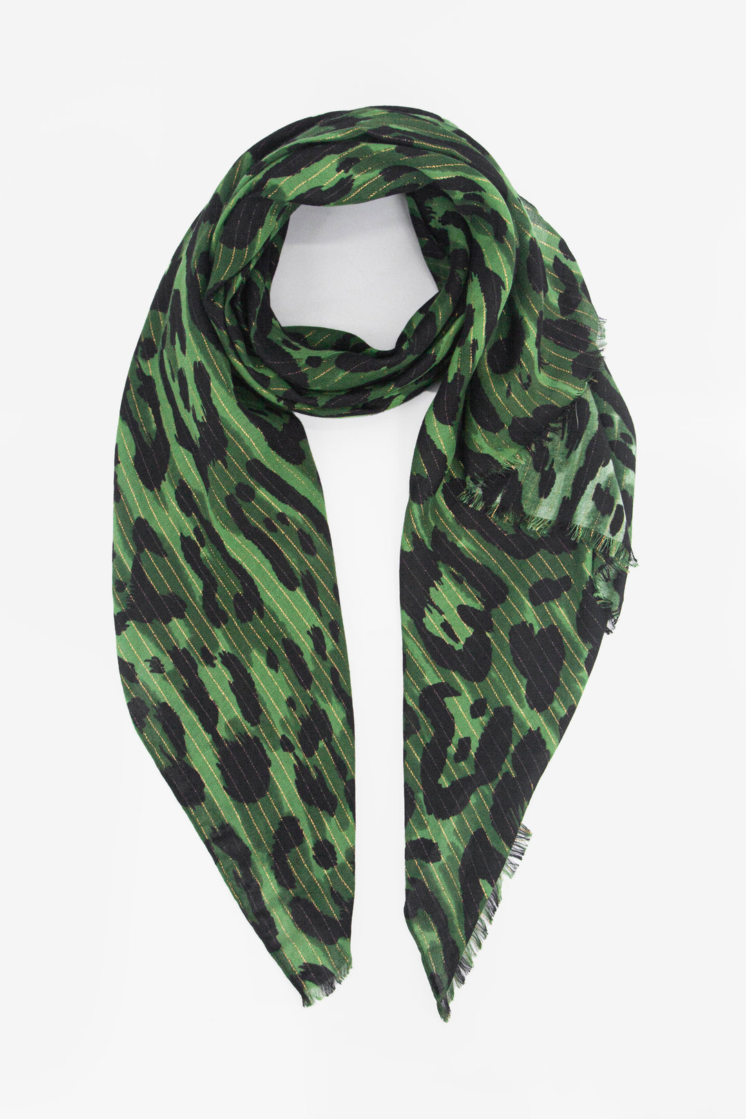 green lightweight leopard print scarf with a subtle gold metallic pinstripe running through the design.