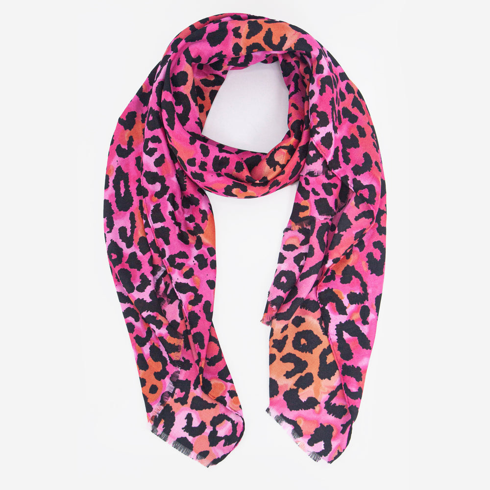 fuchsia pink and orange lightweight leopard print scarf 