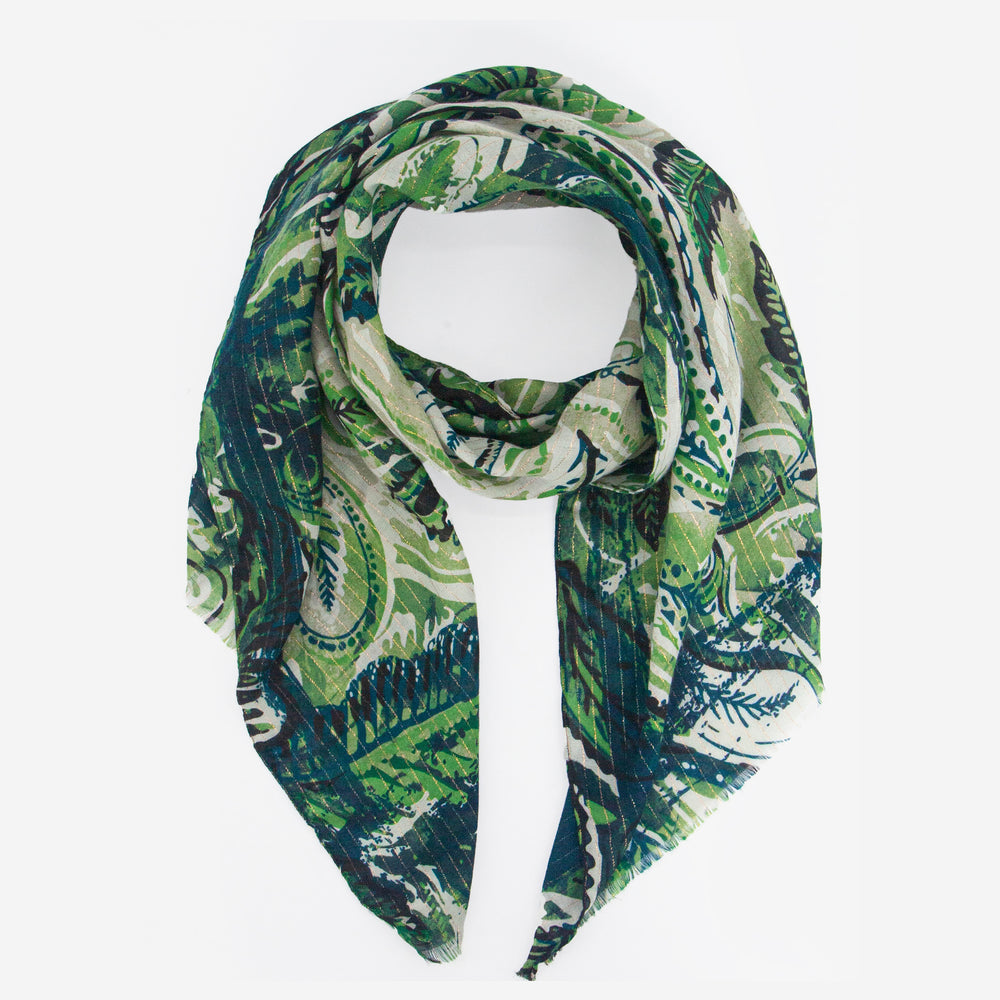 lightweight green paisley floral scarf with a subtle gold metallic stripe running throughout the design