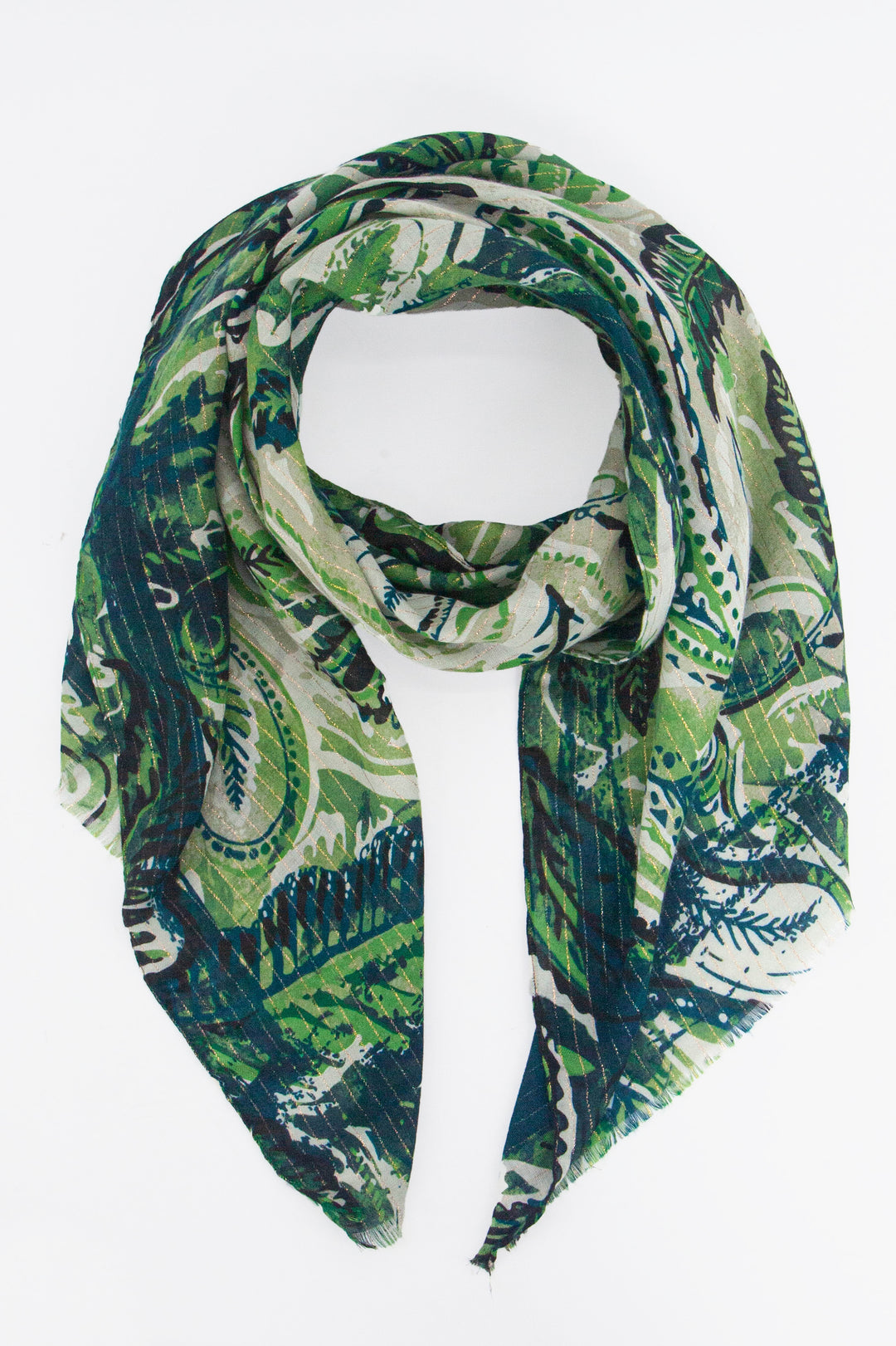 lightweight green paisley floral scarf with a subtle gold metallic stripe running throughout the design