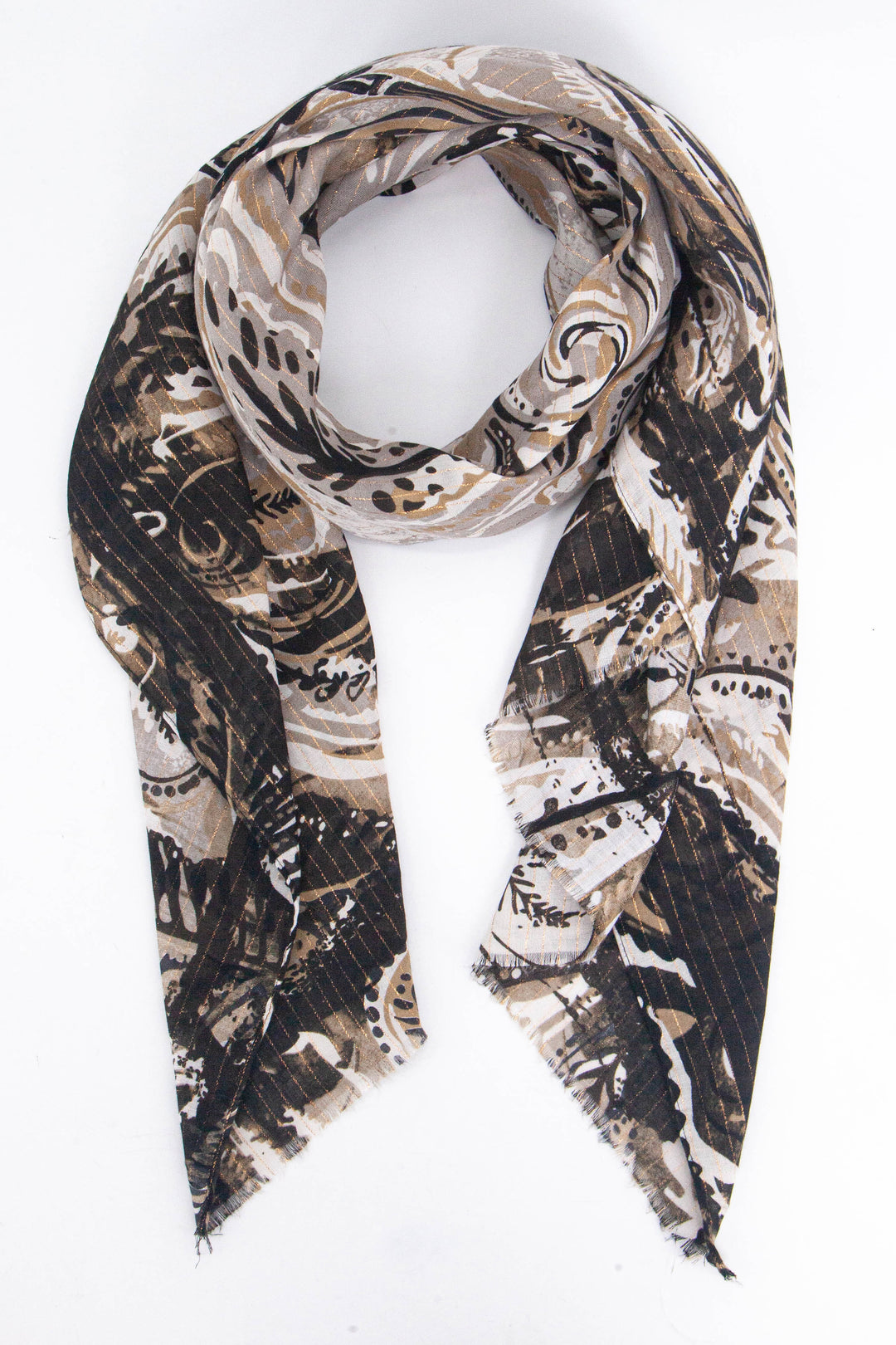 lightweight neutral tone paisley floral scarf with a subtle gold metallic stripe running throughout the design