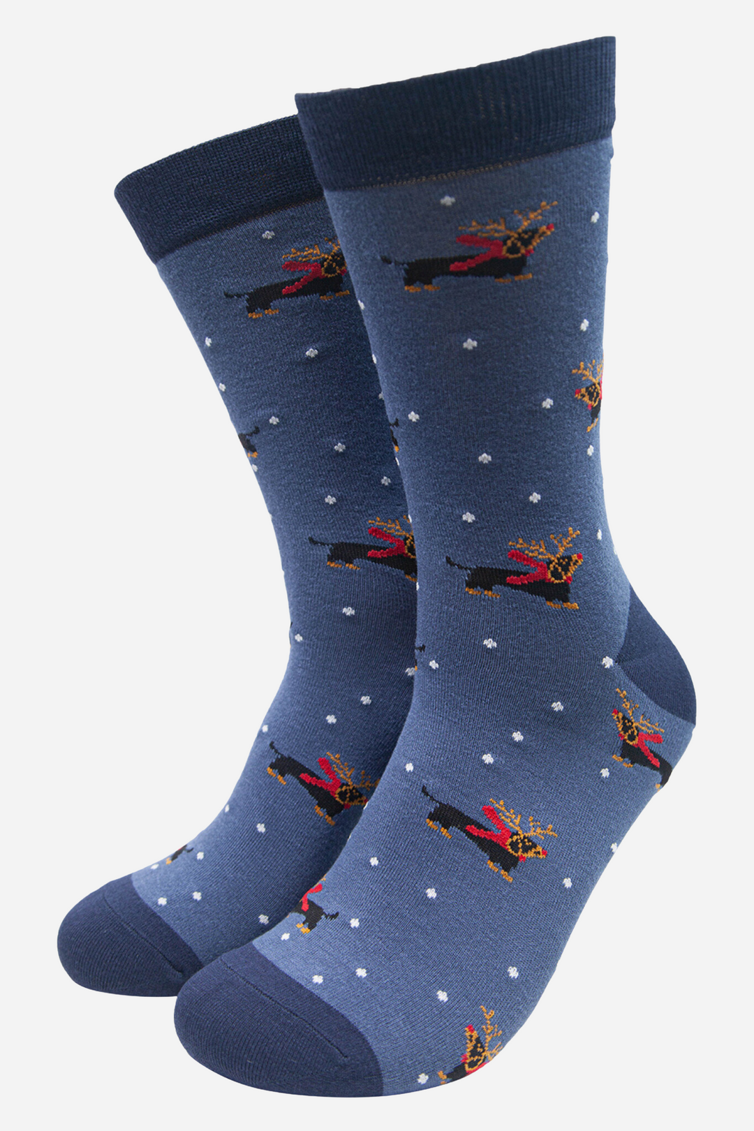 blue bamboo socks with a pattern of dachshund dogs wearing christmas reindeer antlers