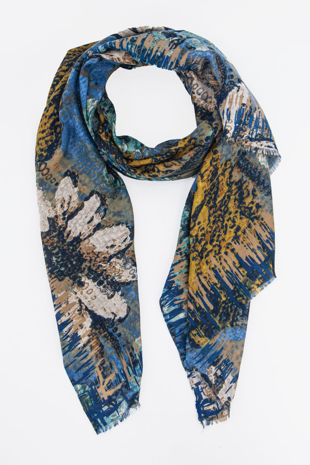 blue and mustard lightweight scarf with a bold painted floral print pattern