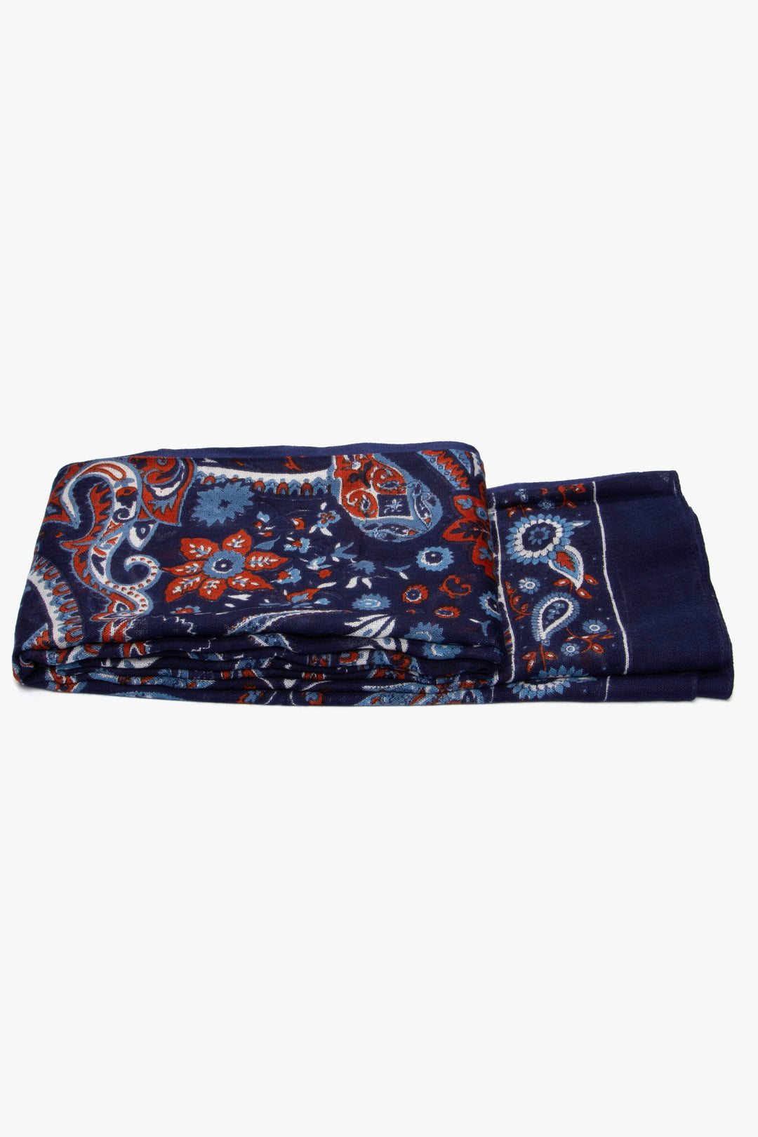 side view of the scarf when folded, showing the texture and thickness of the material. this scarf is lightweight