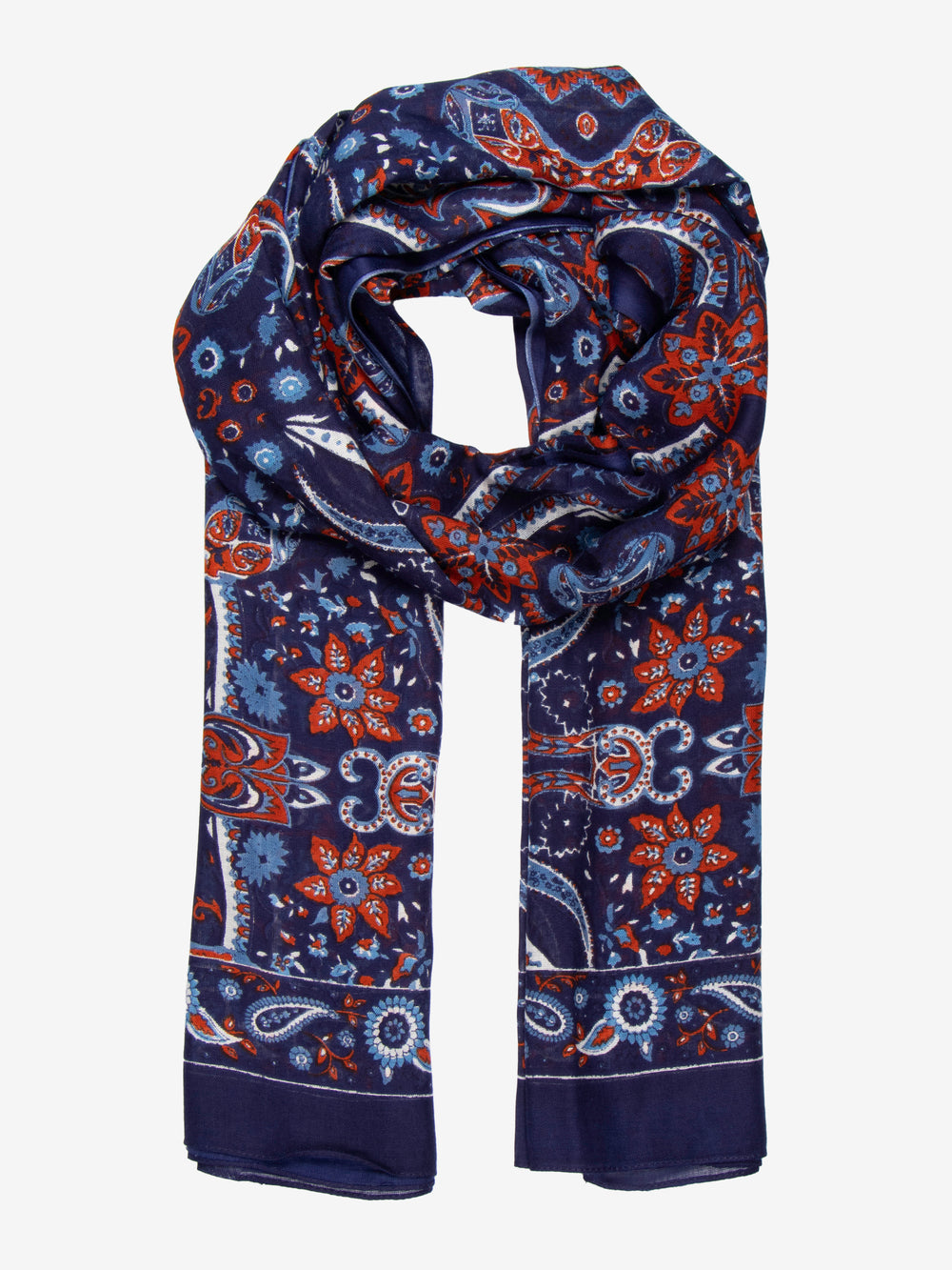 navy blue scarf with a vibrant coral orange mosaic style paisley floral print pattern all over, the scarf has a plain navy blue bordered edge