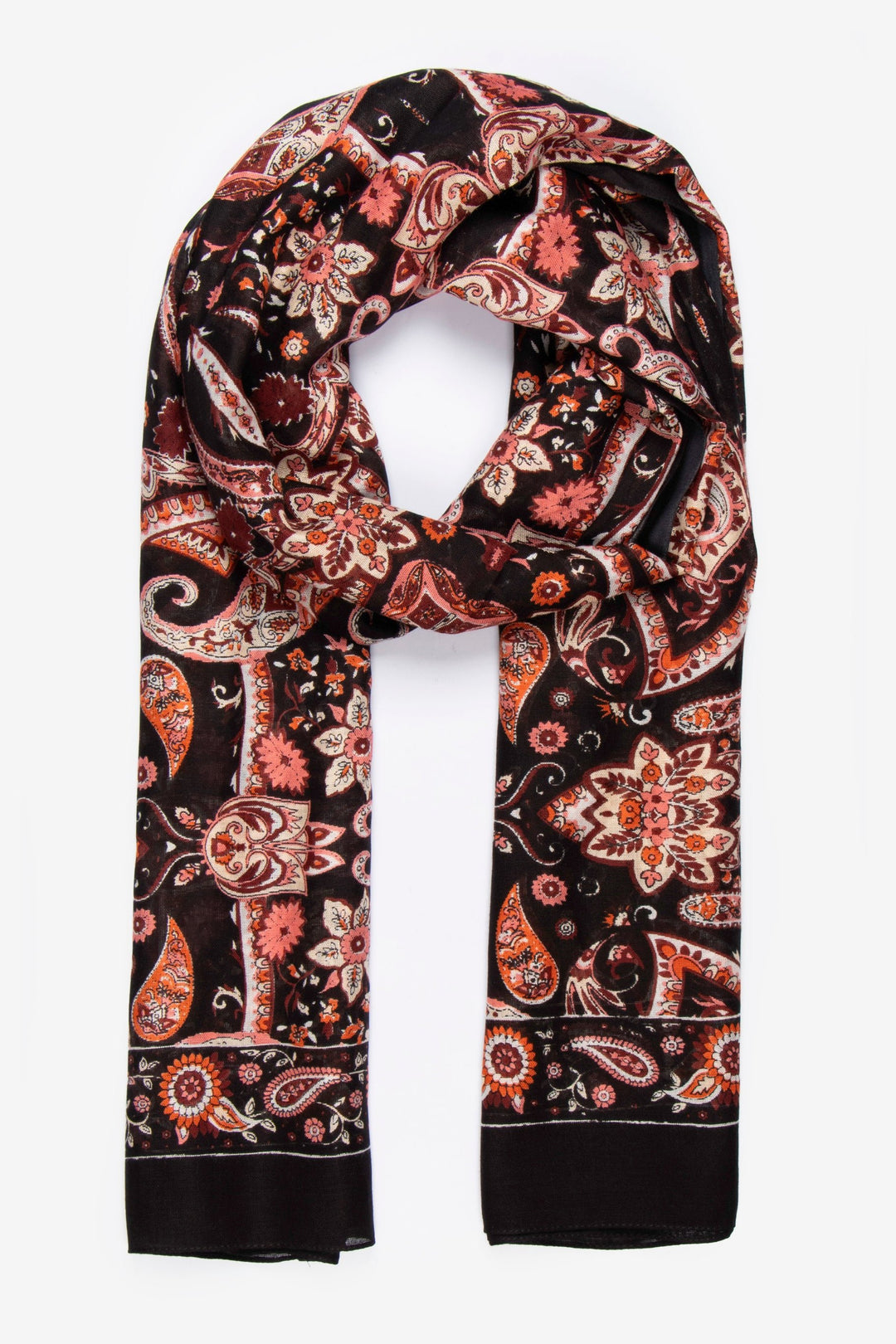 black scarf with a vibrant orange mosaic style paisley floral print pattern all over, the scarf has a plain black bordered edge