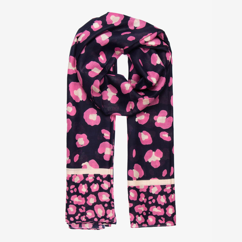 navy blue scarf with a pink leopard print pattern, border stripe and bordered animal print pattern