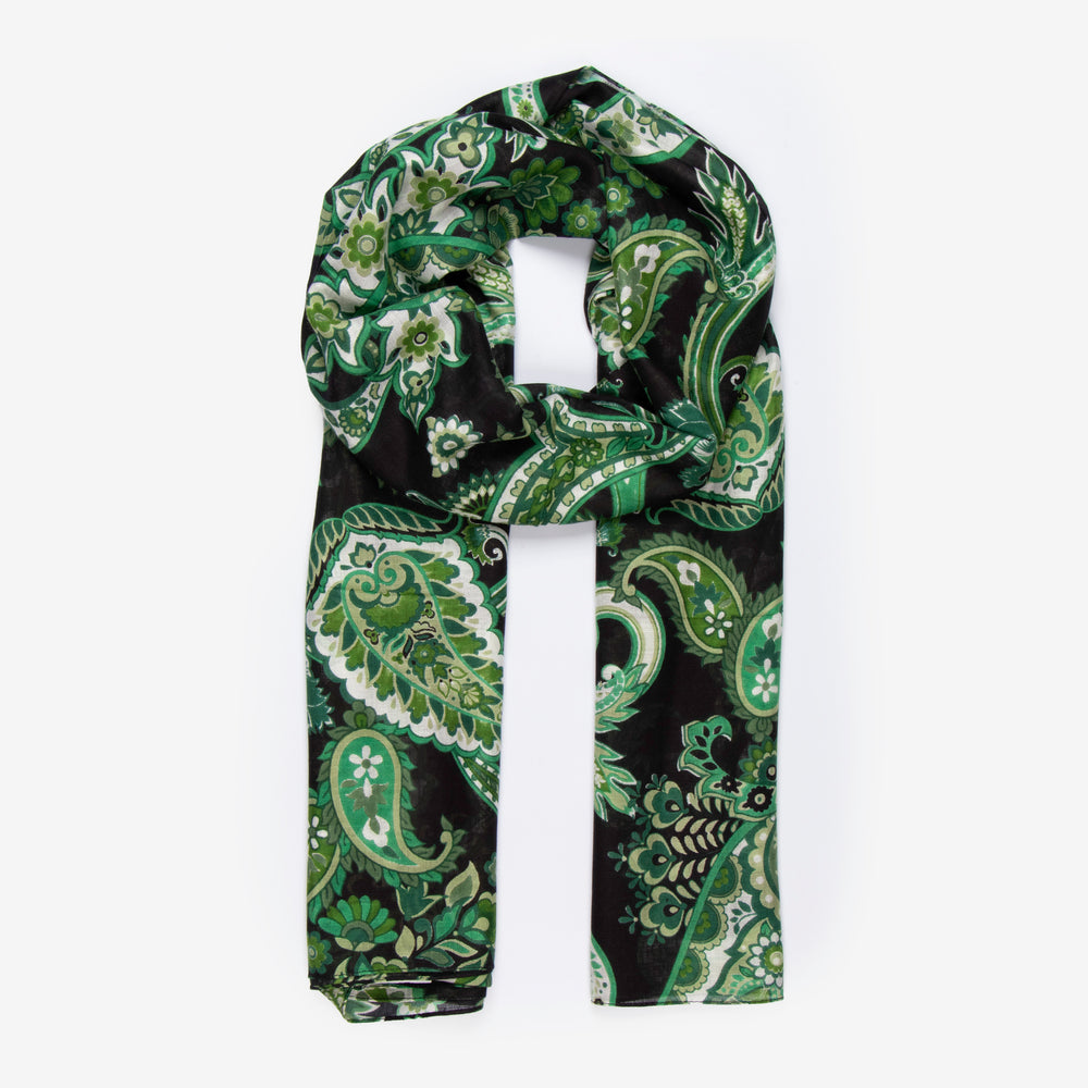 green and black paisley print lightweight scarf