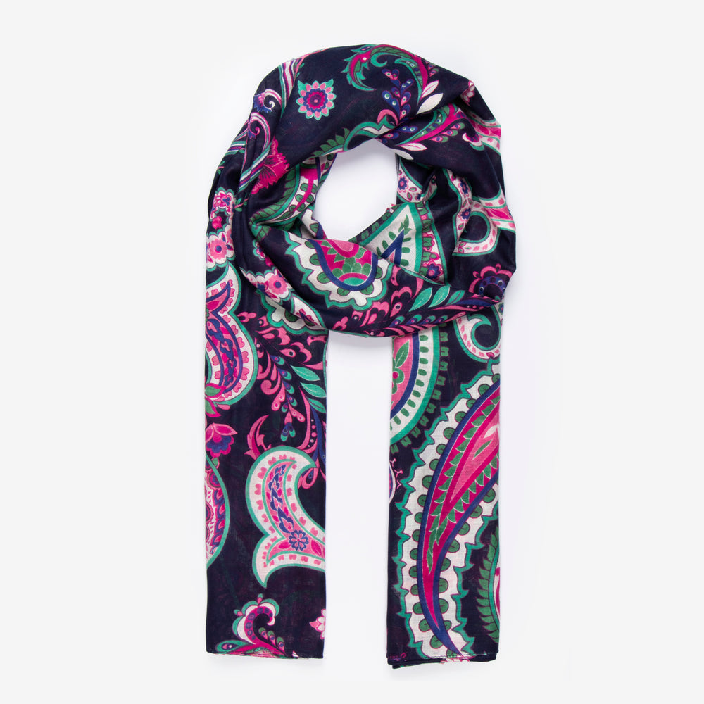 navy blue, pink and green paisley print lightweight scarf