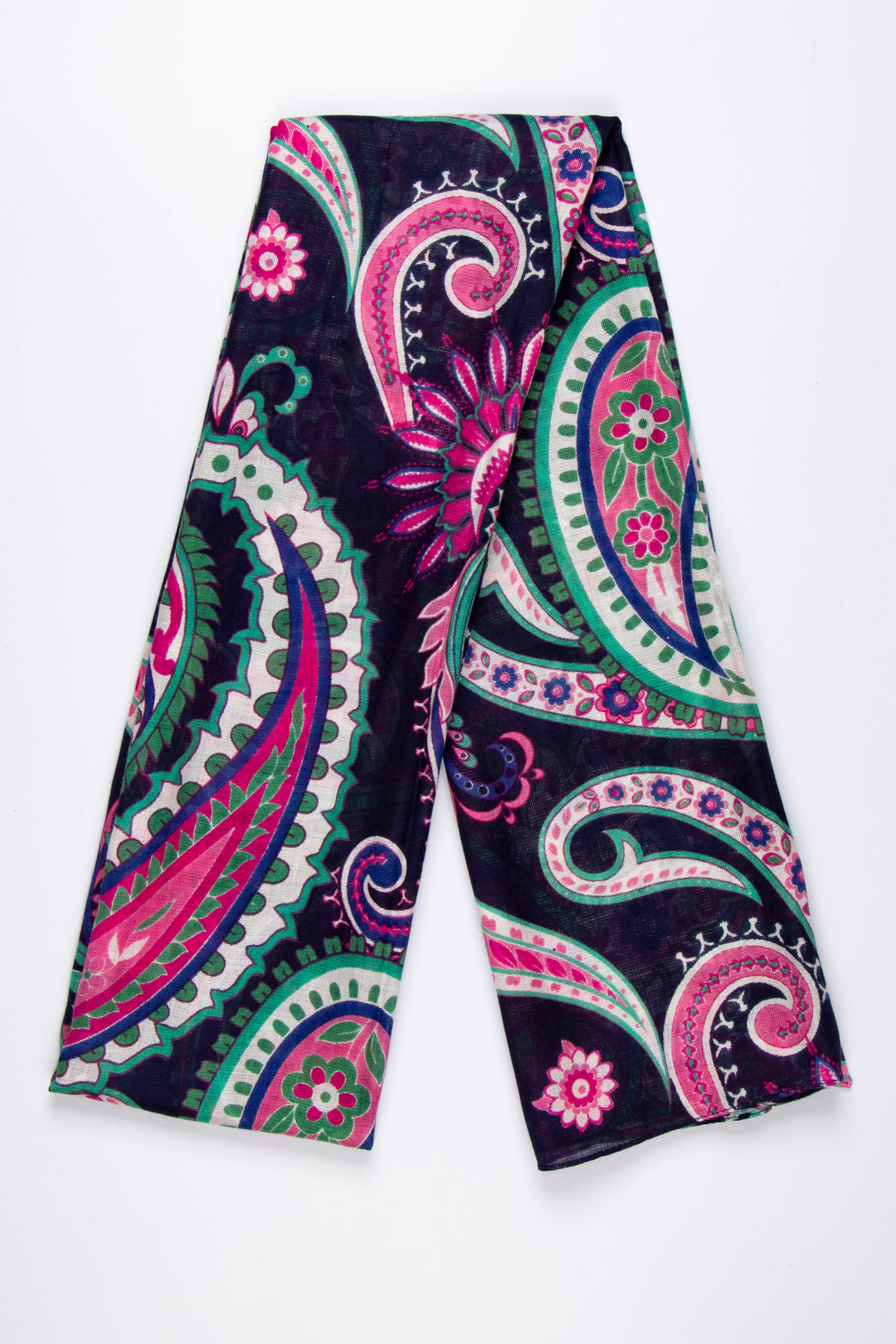 showing the scarf folded, the navy blue and pink, green and purple paisley floral pattern is shown