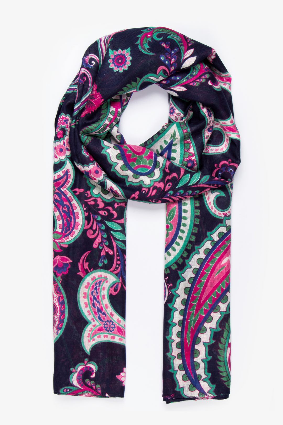 navy blue, pink and green paisley print lightweight scarf