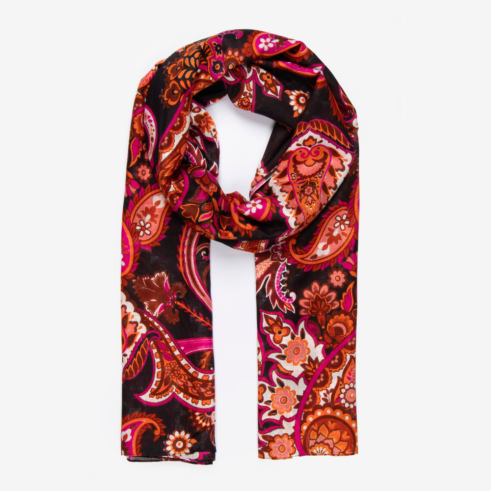 black, pink and orange paisley print lightweight scarf