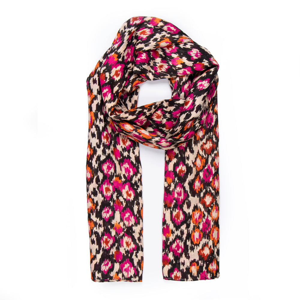 fuchsia pink, orange and black abstract spot print lightweight scarf