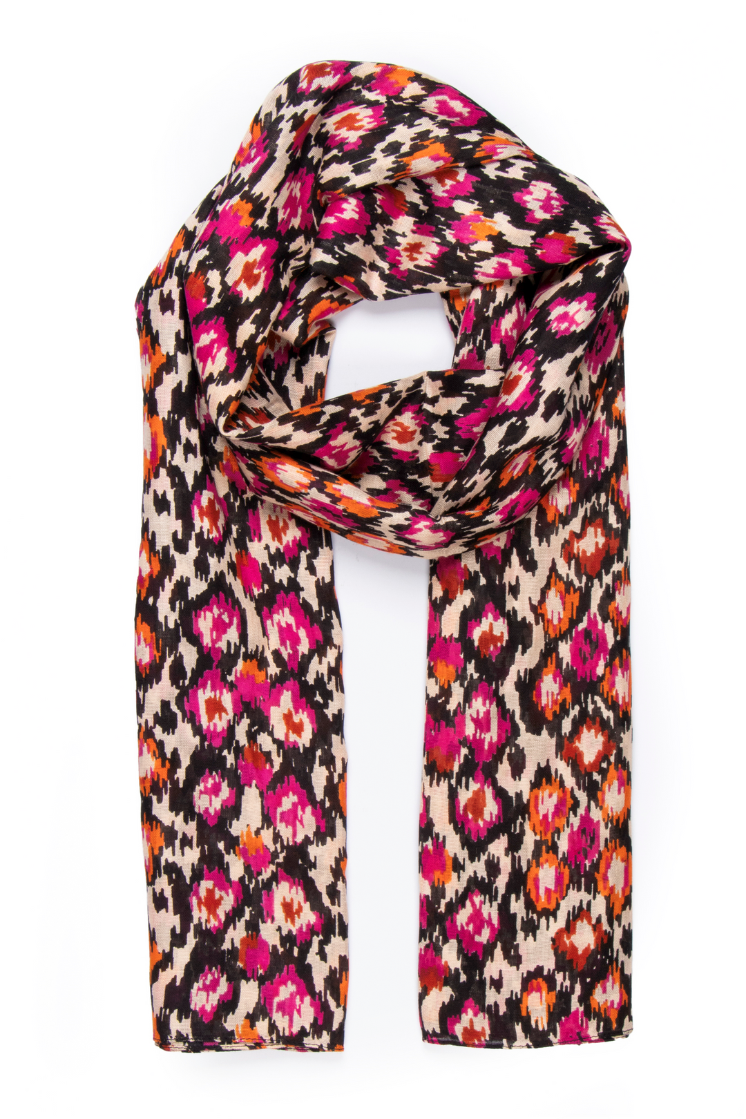 fuchsia pink, orange and black abstract spot print lightweight scarf