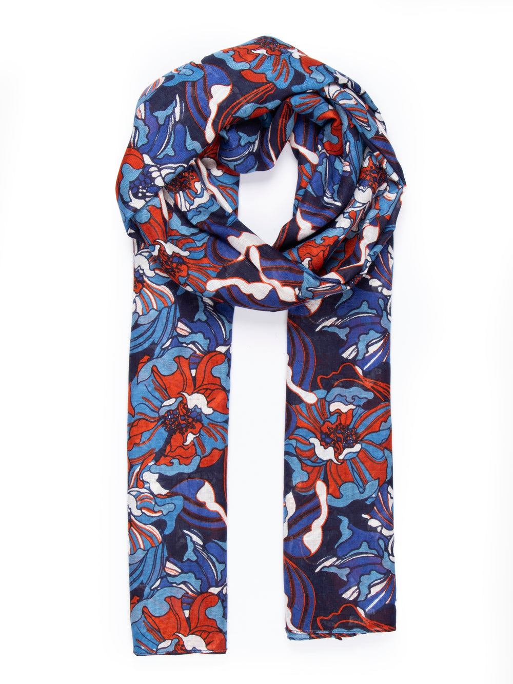 blue and coral lightweight scarf with a pattern of hydrangea flowers