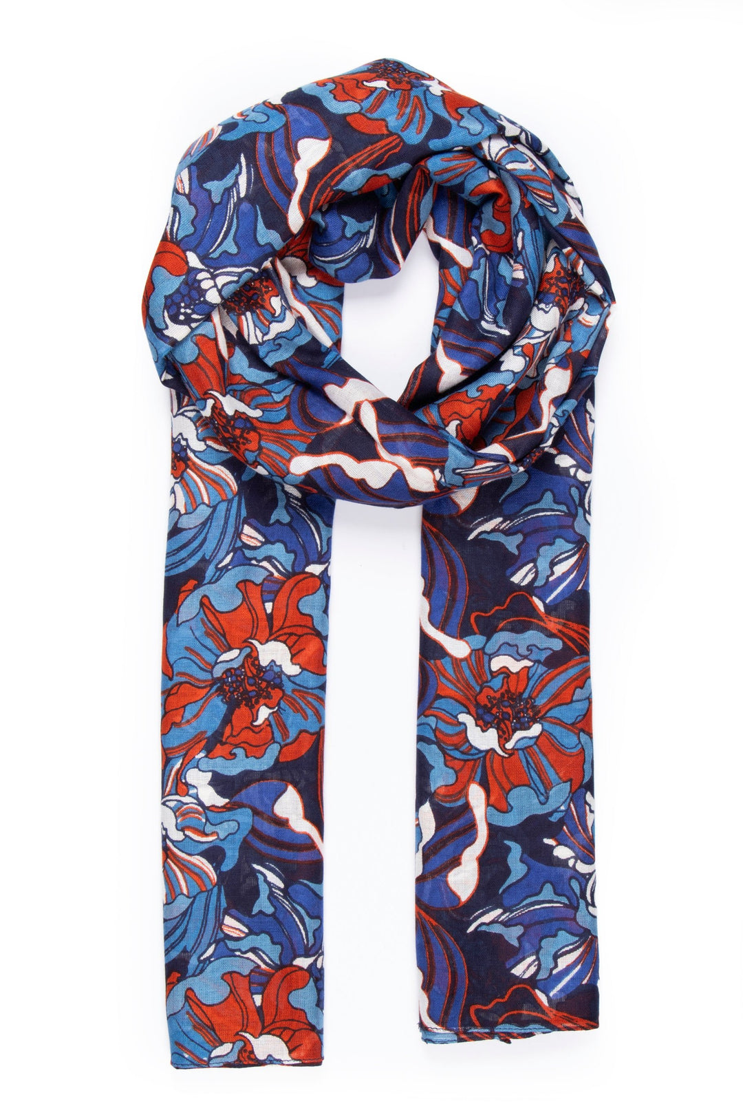 blue and coral lightweight scarf with a pattern of hydrangea flowers