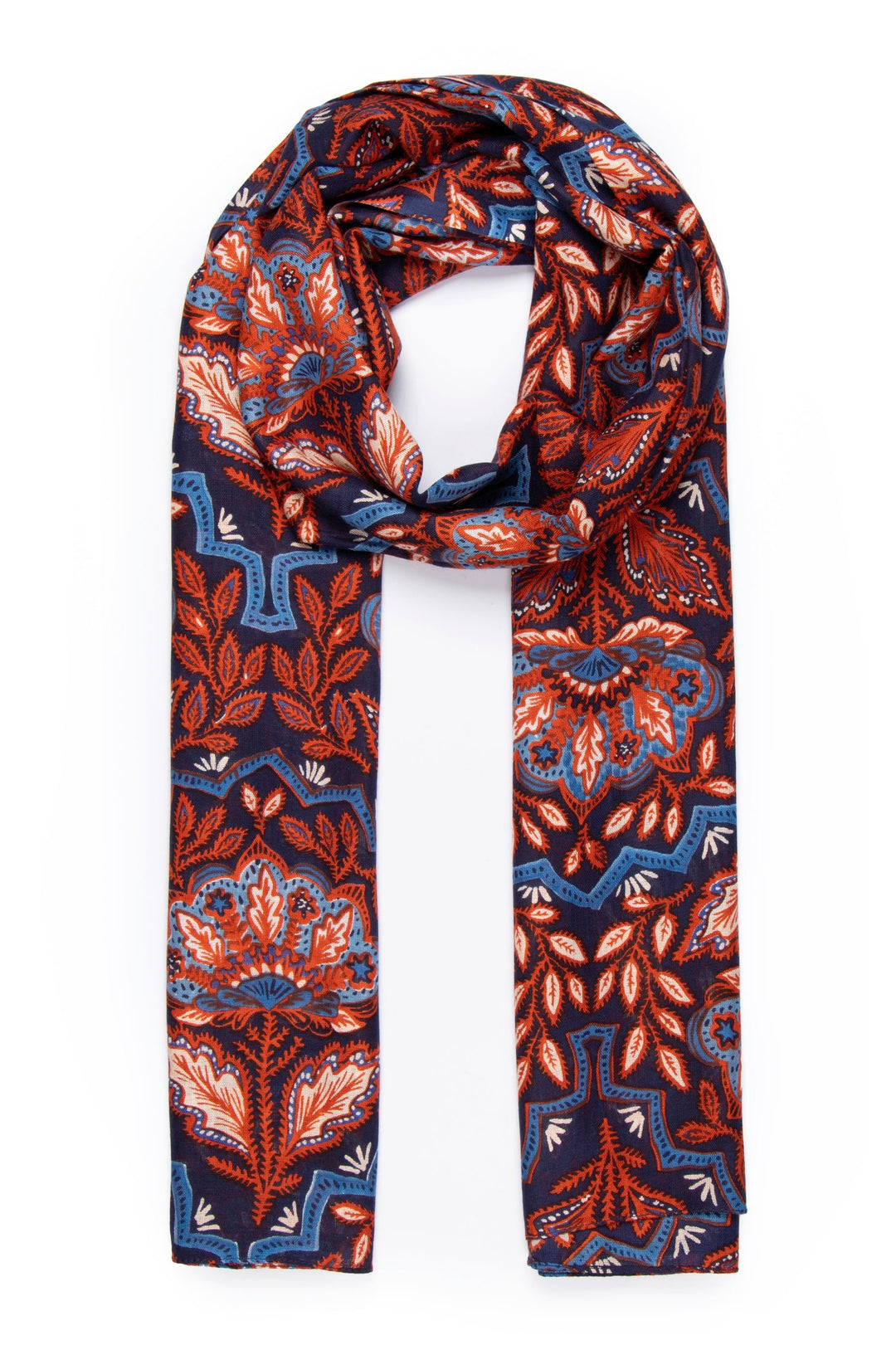 coral and navy blue mosaic style floral pattern lightweight scarf