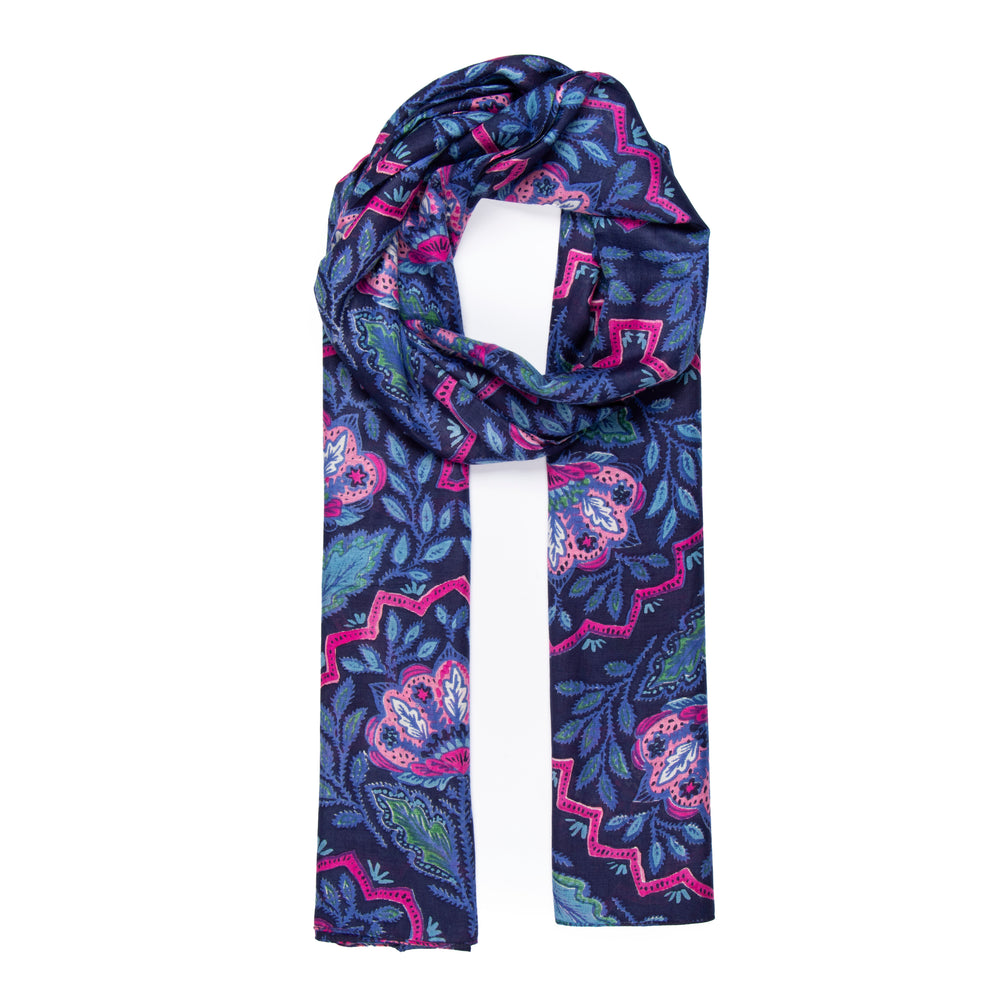 navy blue and pink mosaic style floral pattern lightweight scarf