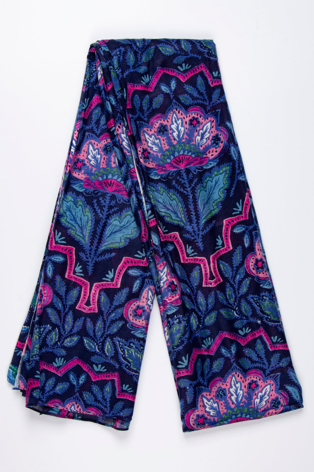 showing the scarf folded, the blue and pink floral mosaic pattern is clearly shown and covers the entire scarf.