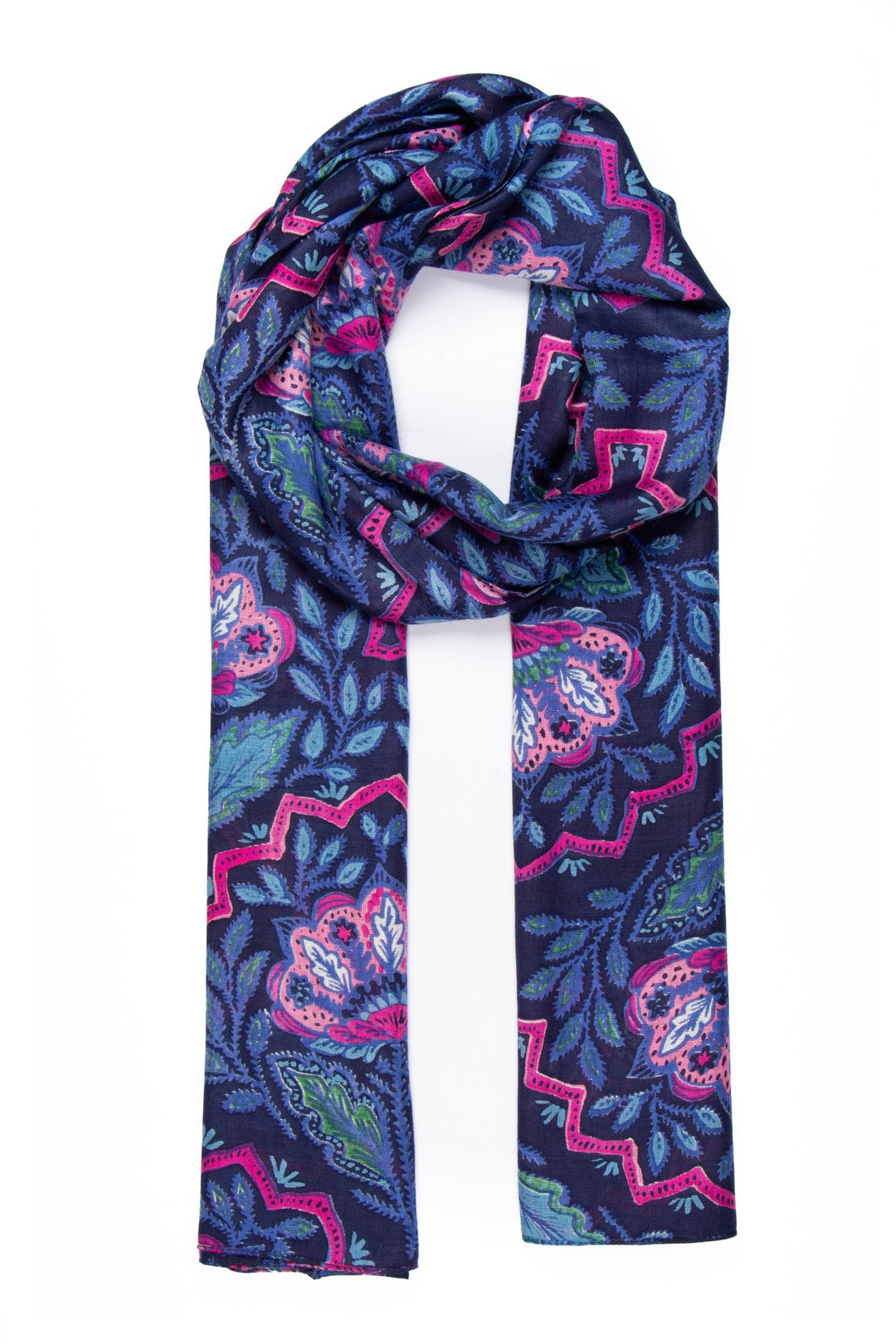 navy blue and pink mosaic style floral pattern lightweight scarf