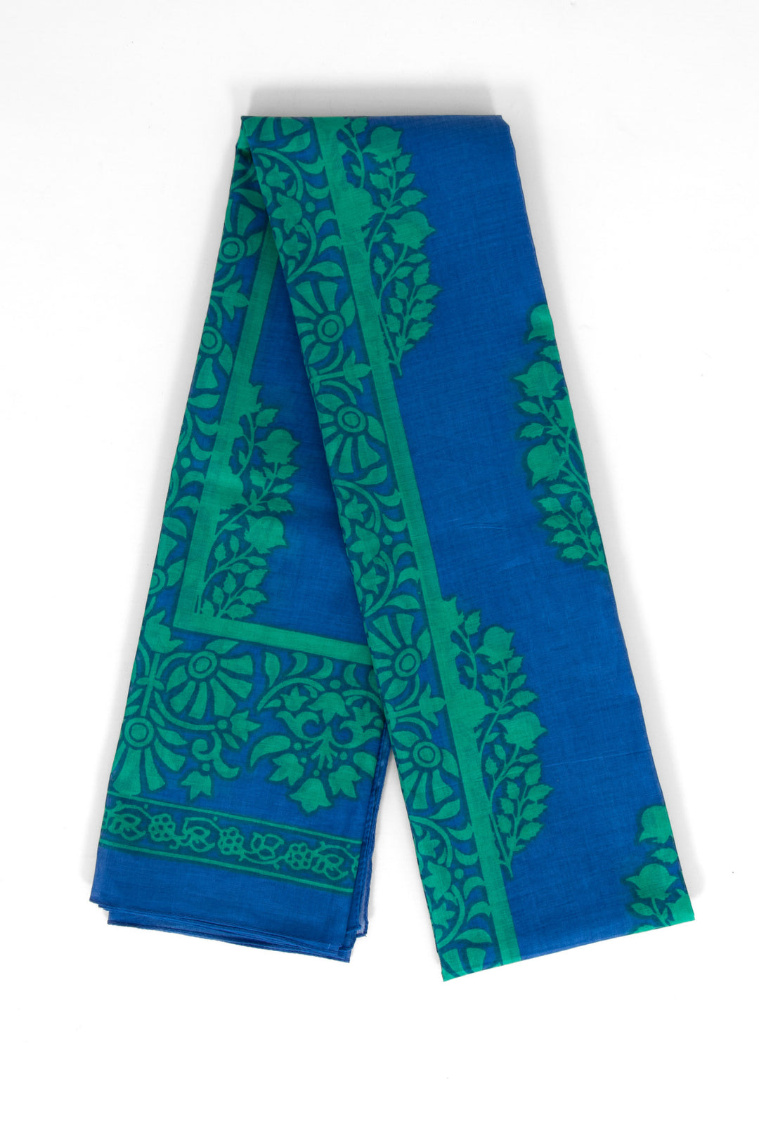 rue-lightweight-cotton-scarf-blue-green-leaf-print-folded-patterned-border