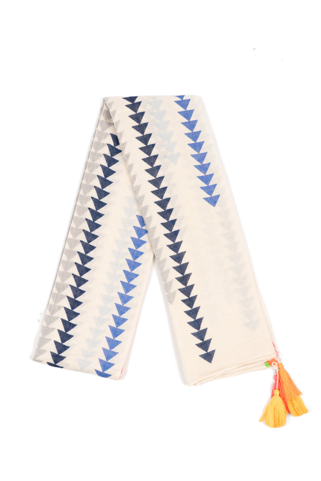 deva-lightweight-cotton-scarf-white-arrow-print-folded-blue-triangle-pattern-colourful-tassels